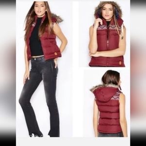 Y2K Tokyo Laundry Vest Size Large Puffer Hooded Maroon Winter Fur Trim Insulated
